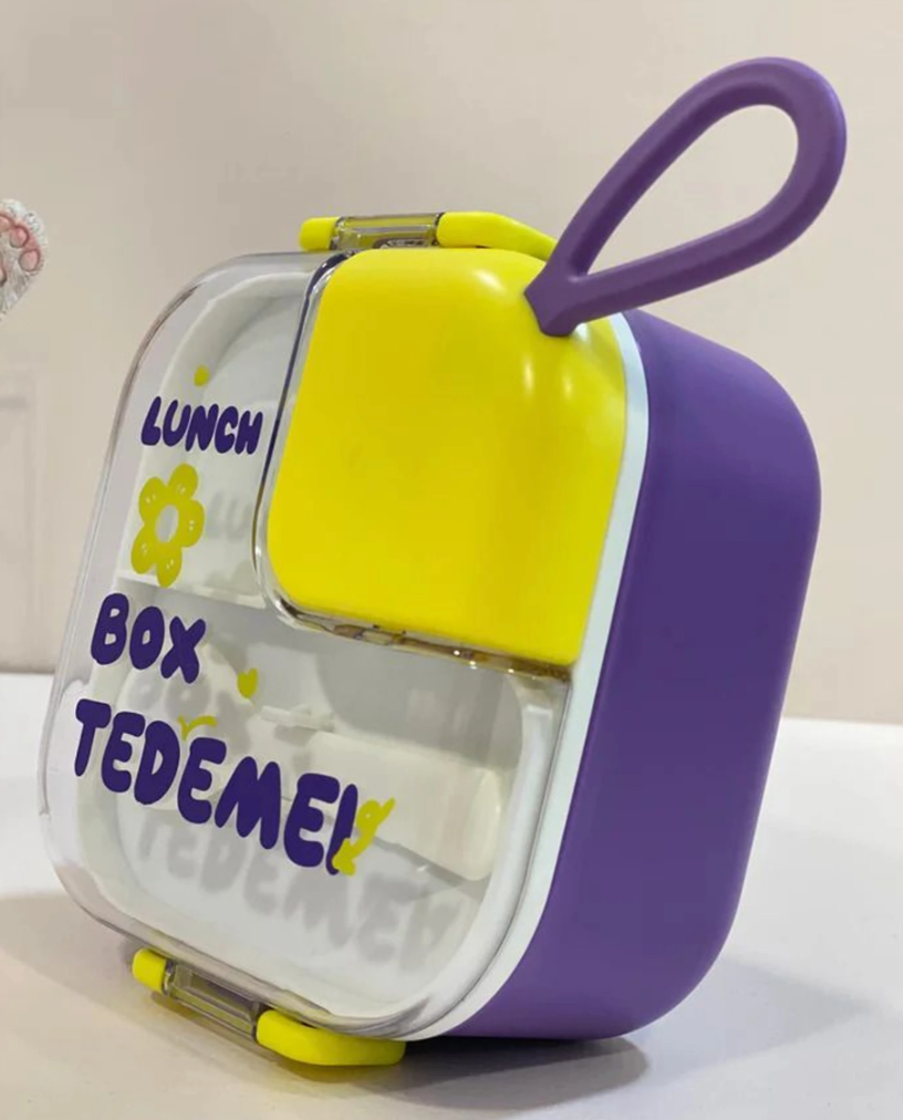 Tedemei Bento Lunch Box – yellow and pink colour variant with spoon and divider tray