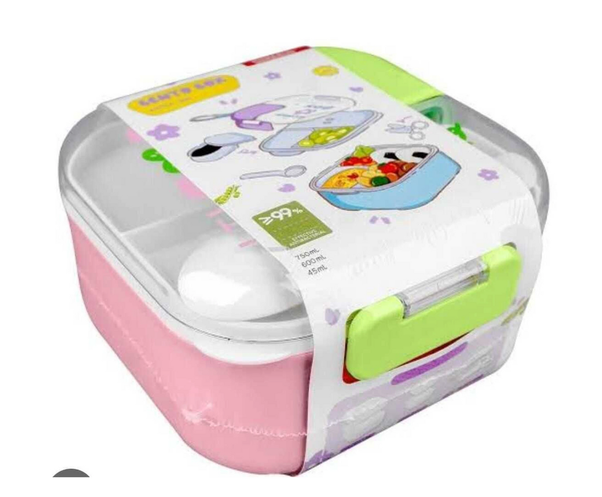 Homeatic Bento Box – pink and green, 8.5x8x5.5cm, with spoon and scissors, 750ml capacity