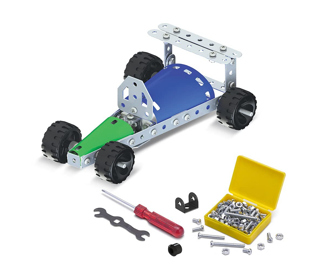 Zephyr Mechanix 1 race car build with screwdriver, spanner and yellow bolt storage box