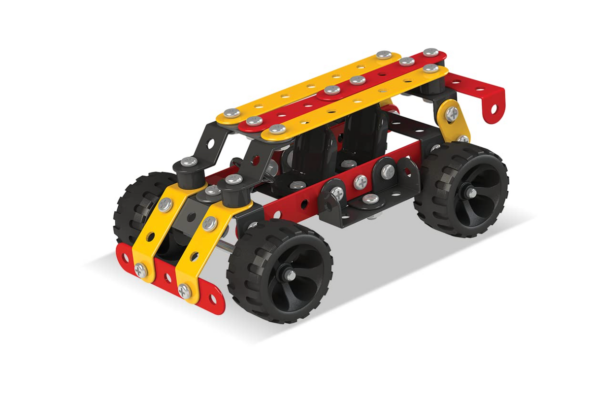 Zephyr Mechanix Junior built jeep/buggy model in red, yellow and black