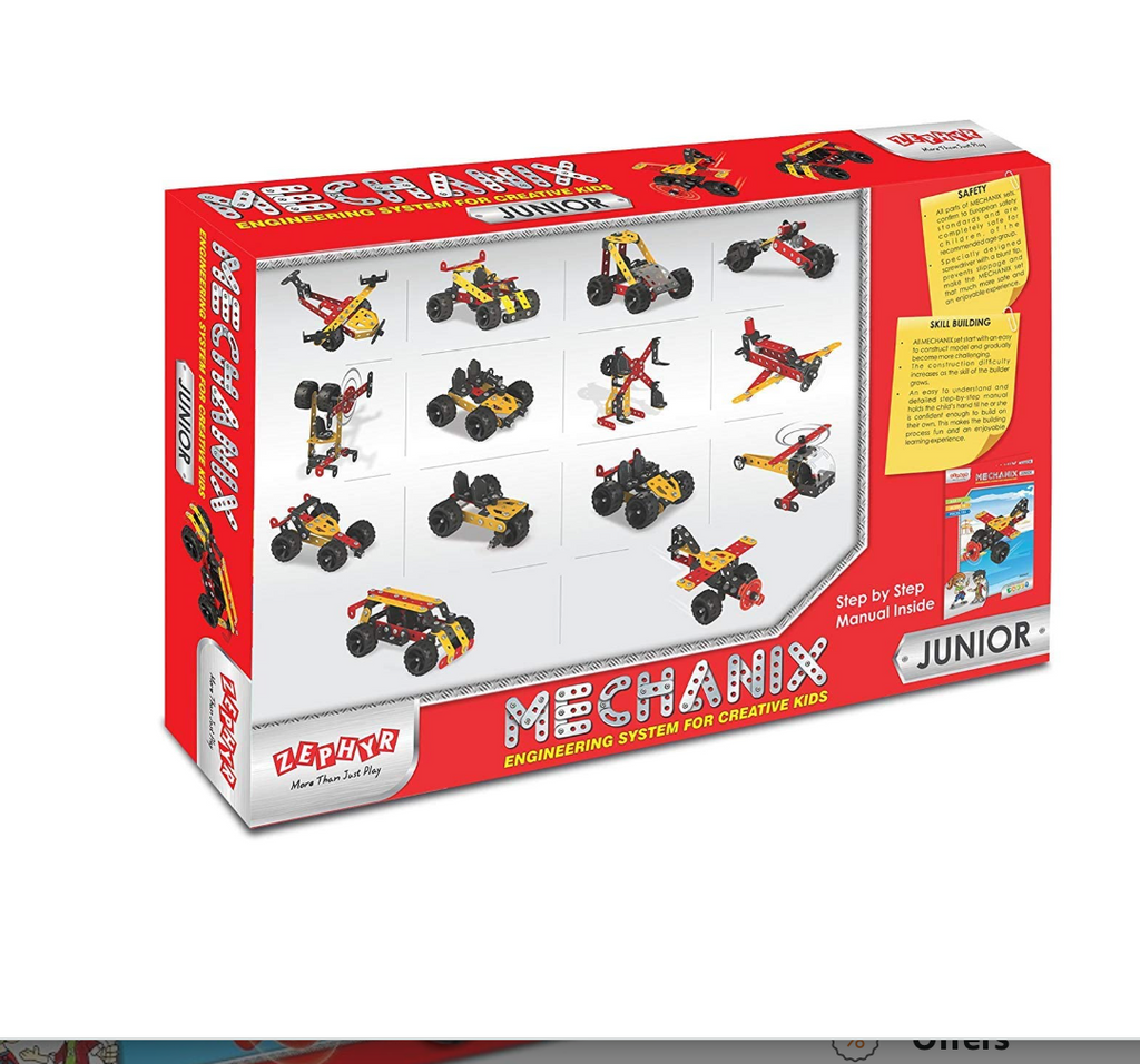 Zephyr Mechanix Junior box front view - 14 models, 155 pieces, Age 7+, 34x21.5x5cm
