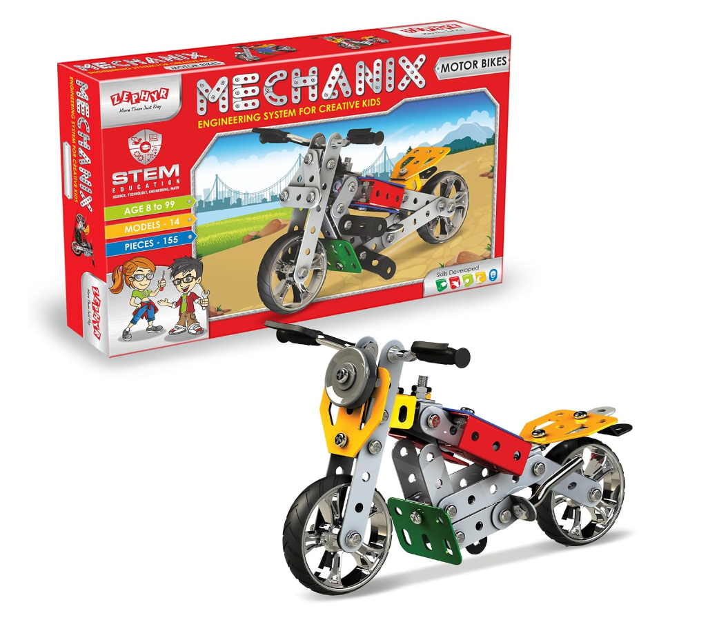 Zephyr Mechanix Motor Bikes box front with assembled chopper motorbike model