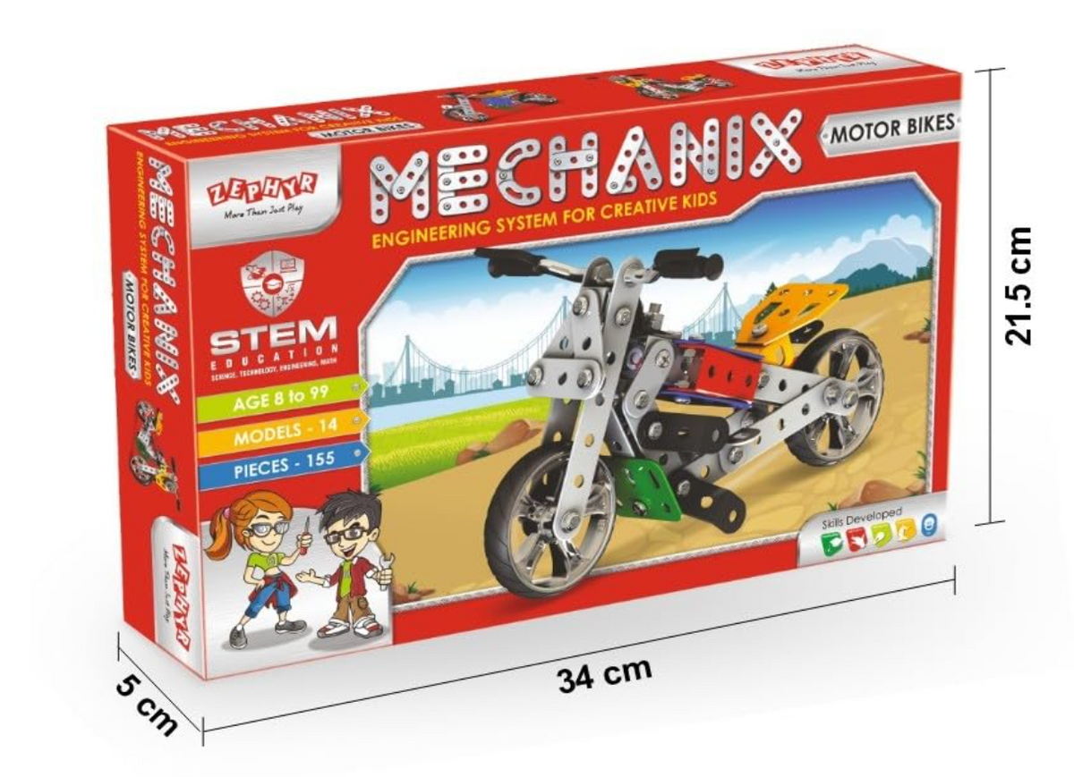 Zephyr Mechanix Motor Bikes box with assembled motorbike model, 34x21.5x5cm, 14 models, 155 pieces, Age 8-99