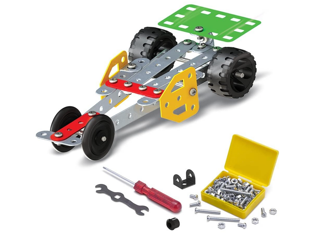 Zephyr Mechanix 0 race car build with screwdriver, spanner and yellow bolt storage box