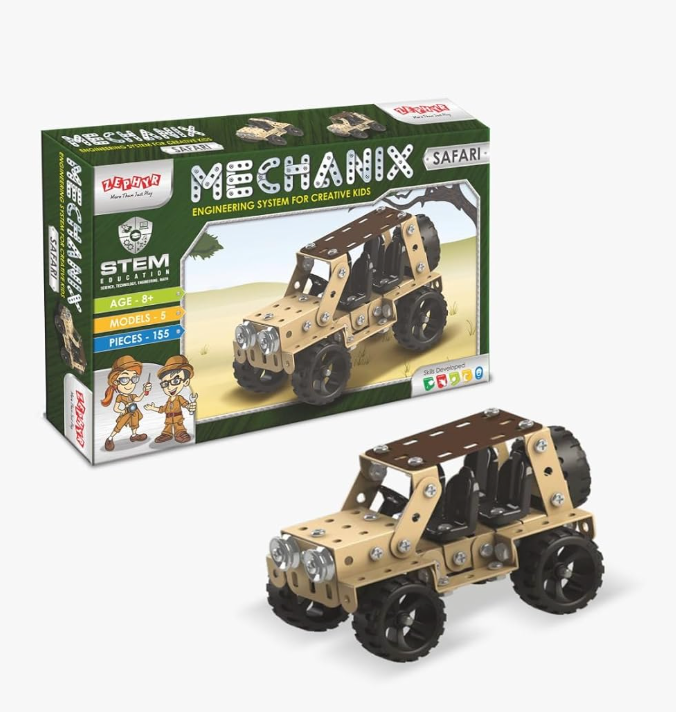 Zephyr Mechanix Safari box with assembled jeep model, 34x21.5x5cm, 5 models, 155 pieces, Age 8+