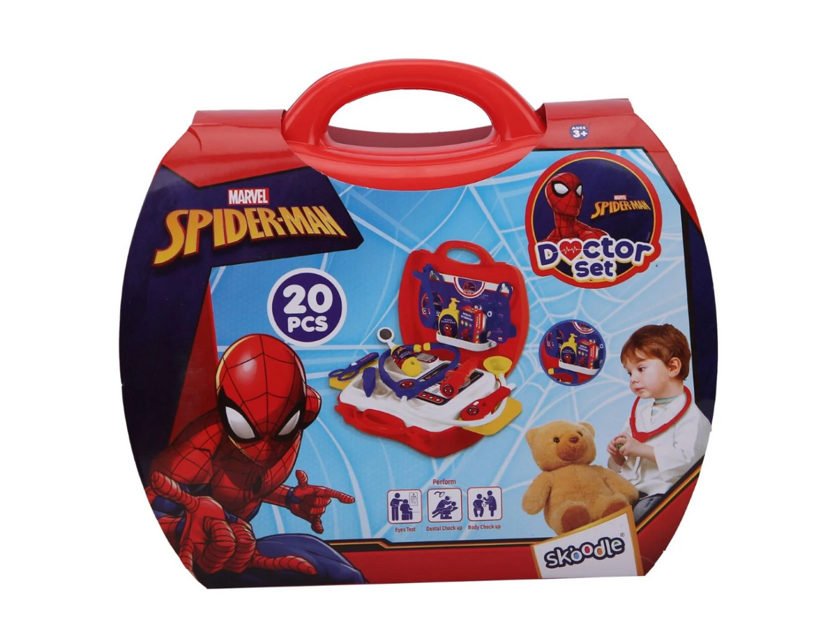 Skoodle Marvel Spider-Man Doctor Set all pieces spread out with carry case