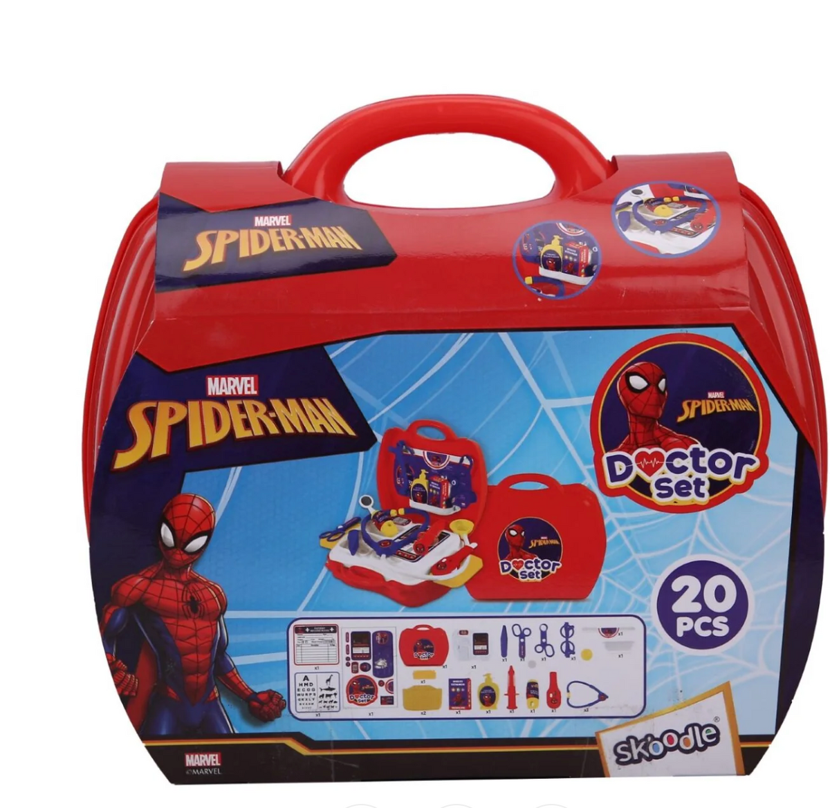 Skoodle Marvel Spider-Man Doctor Set all 20 pieces laid out with sticker sheet