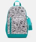 Nike Kids Elemental Backpack front view - teal doodle print with pencil pouch