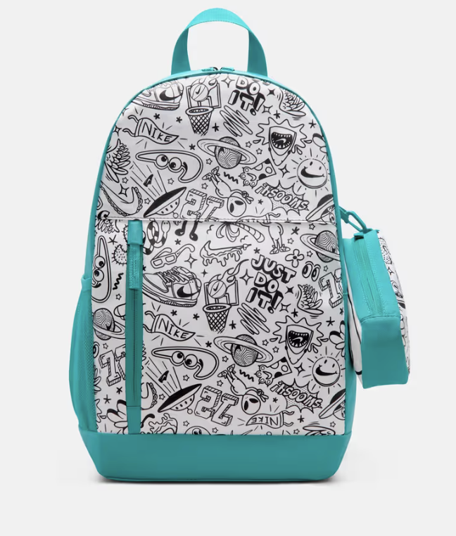Nike Kids Elemental Backpack front view - teal doodle print with pencil pouch