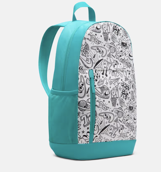 Nike Kids Elemental Backpack front view new tag - teal doodle print