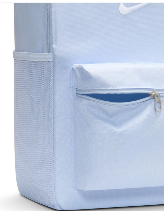 Nike Heritage Backpack ice blue front pocket close-up with zip detail