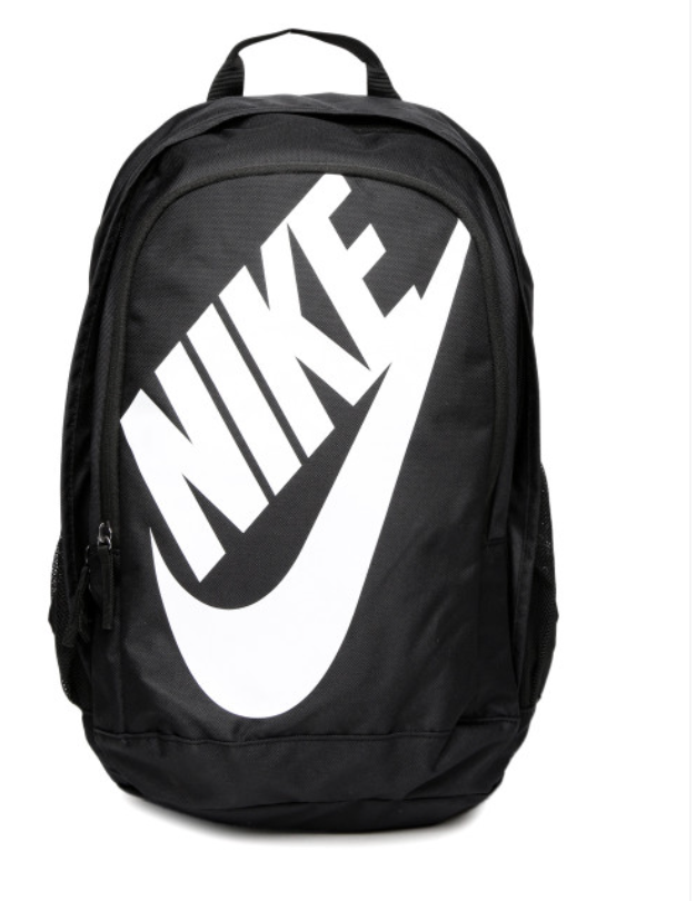 Nike Hayward Futura Backpack black front view with bold white Nike logo