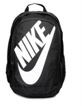 Nike Hayward Futura Backpack black front view with bold white Nike logo