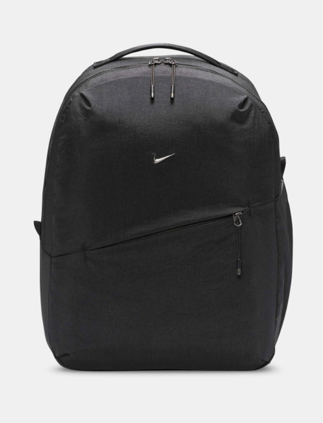 Nike Essentials Backpack all black front view with silver Swoosh
