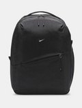Nike Essentials Backpack all black front view with silver Swoosh
