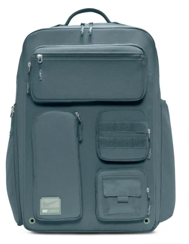 Nike Utility Elite Backpack slate grey front view showing all pockets