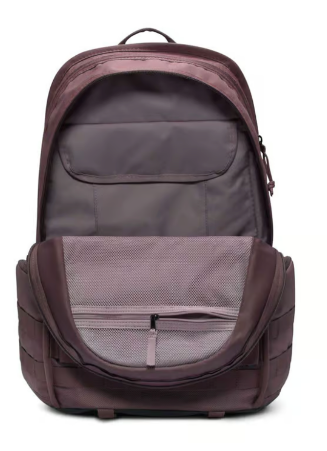 Nike RPM Backpack mauve front view with MOLLE webbing and Nike logo