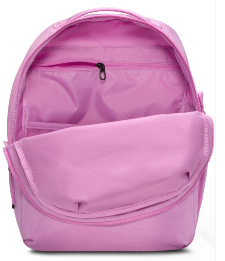Nike Essentials Backpack pink orchid front view with black Swoosh
