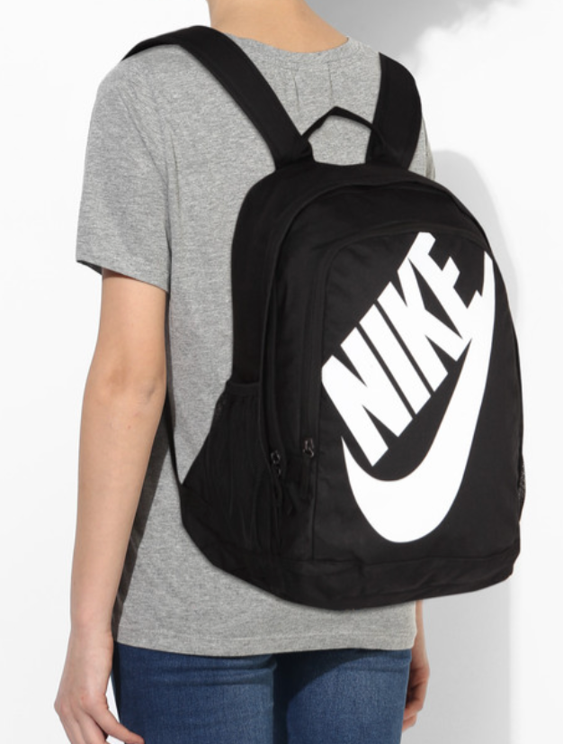 Nike Hayward Futura 2.0 Backpack black front view with oversized Nike Futura logo