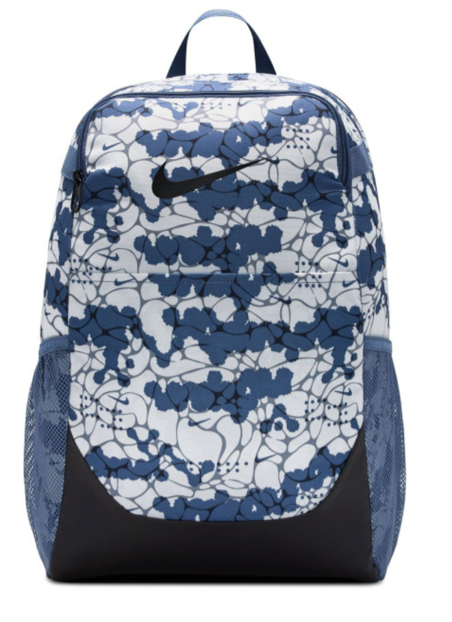 Nike Brasilia 9.5 Backpack blue floral print front view with black Swoosh