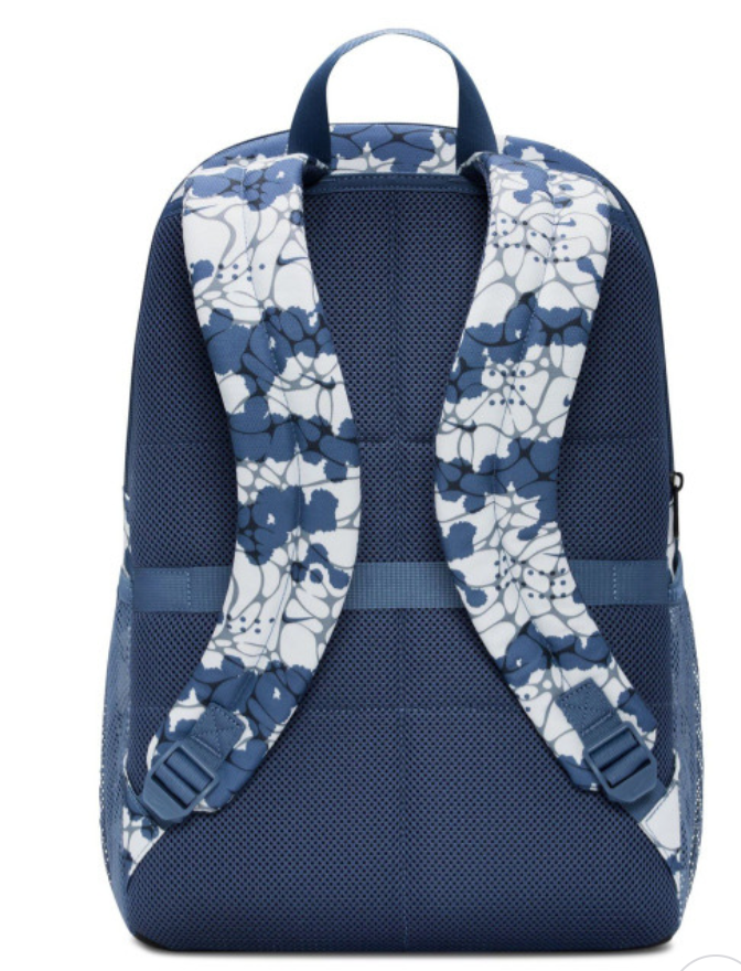Nike Brasilia 9.5 Backpack blue floral print side angle view with mesh pocket
