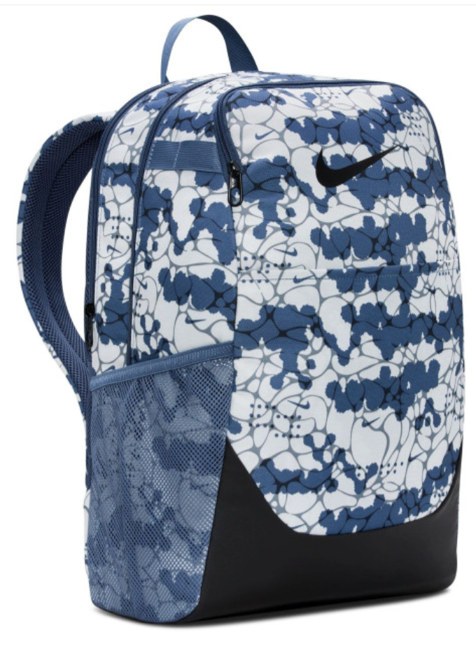 Nike Brasilia 9.5 Backpack blue floral print back view with padded straps
