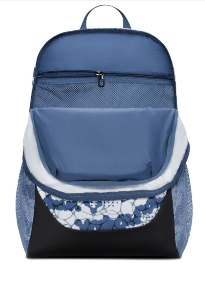 Nike Brasilia 9.5 Backpack blue floral print interior open view with organizer