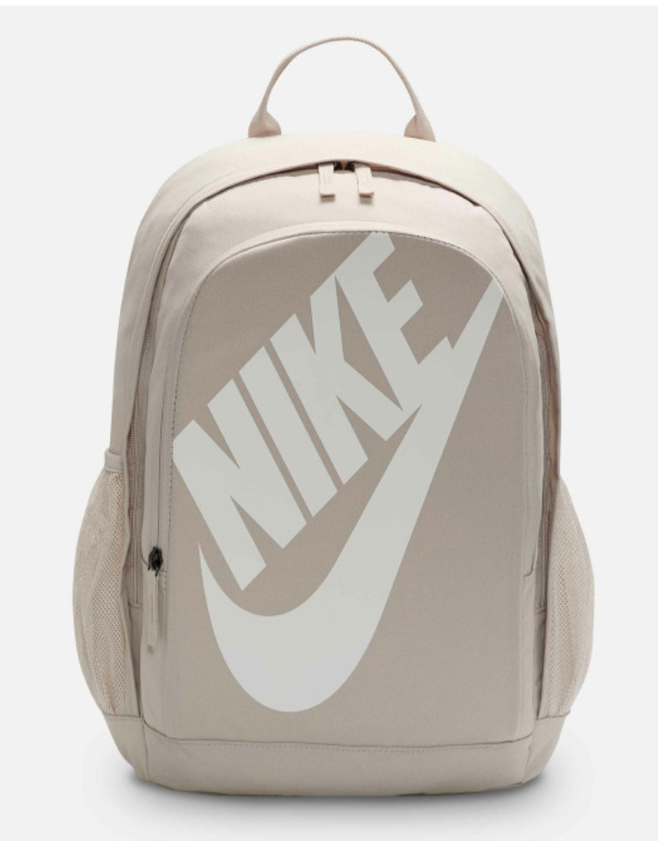 Nike Hayward Futura 2.0 Backpack beige front view with oversized tonal Nike Futura logo