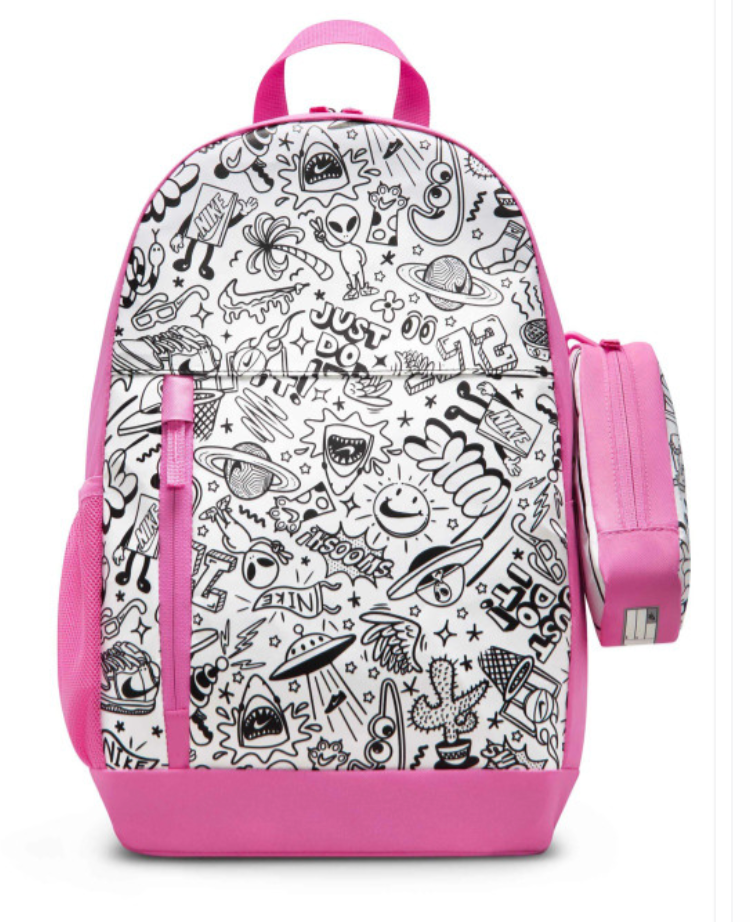 Nike Kids pencil case pink with rainbow Nike logo and carabiner clip close-up