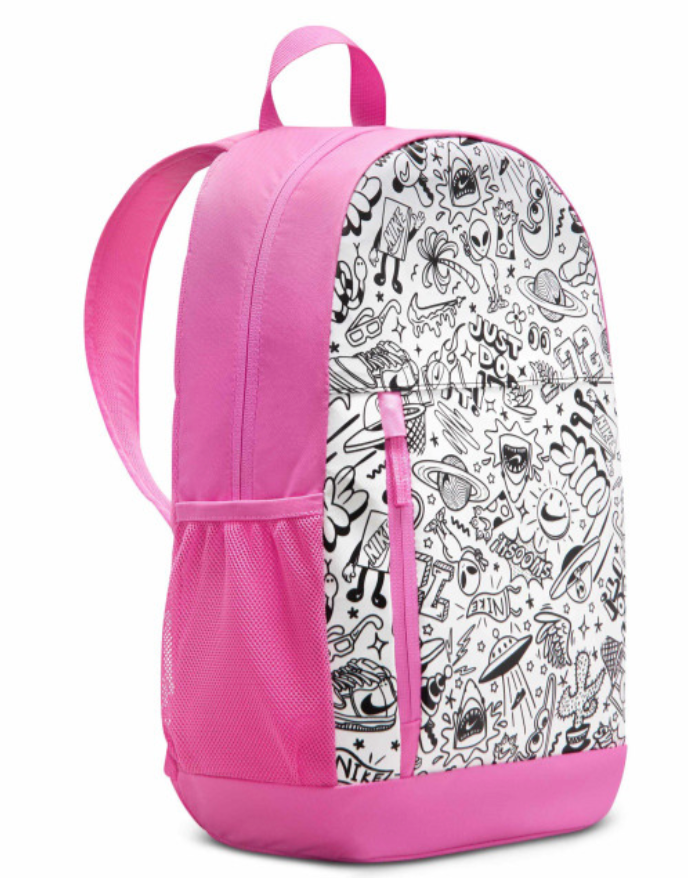 Nike Kids Brasilia Backpack pink doodle print side angle view with mesh pocket