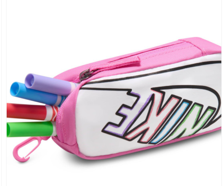 Nike Kids Brasilia Backpack pink doodle print front view with pencil case attached