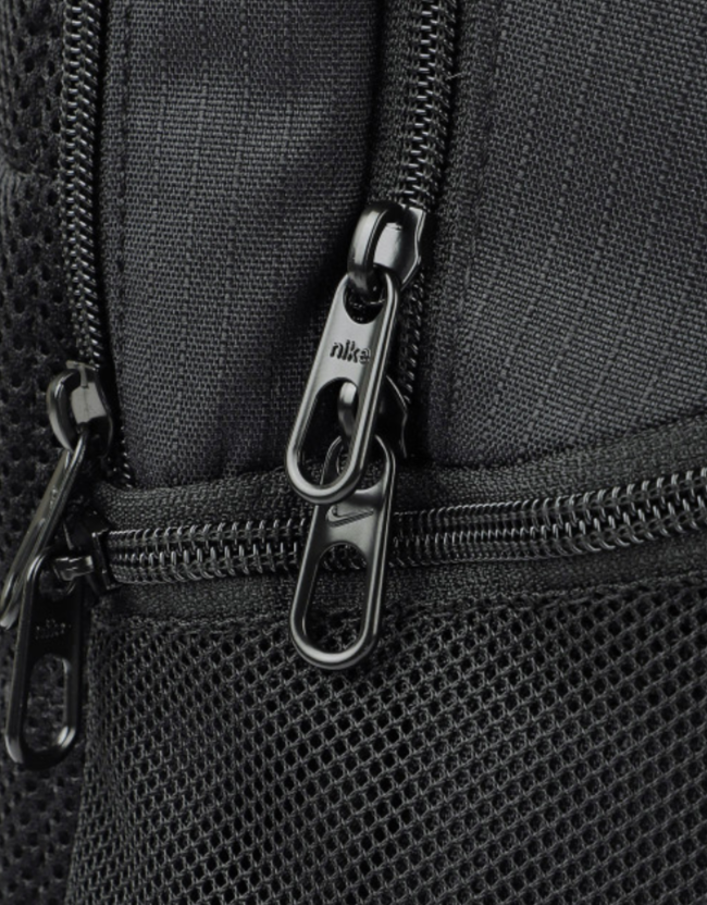 Nike Brasilia 9.5 Training Backpack white Swoosh close-up on black fabric