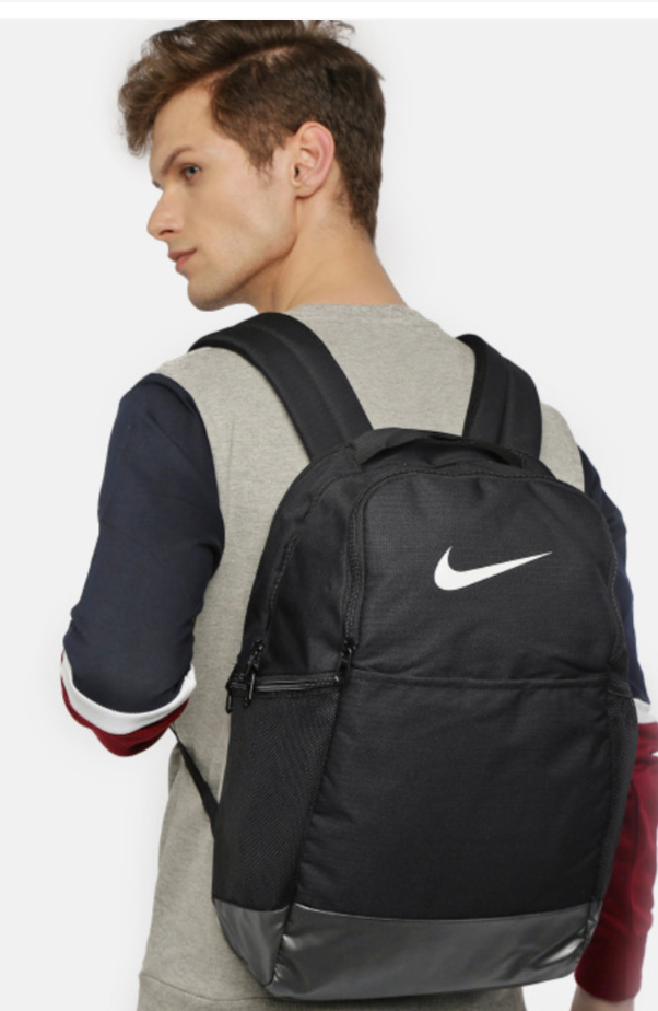 Nike Brasilia 9.5 Training Backpack black interior open view with grey lining and laptop sleeve