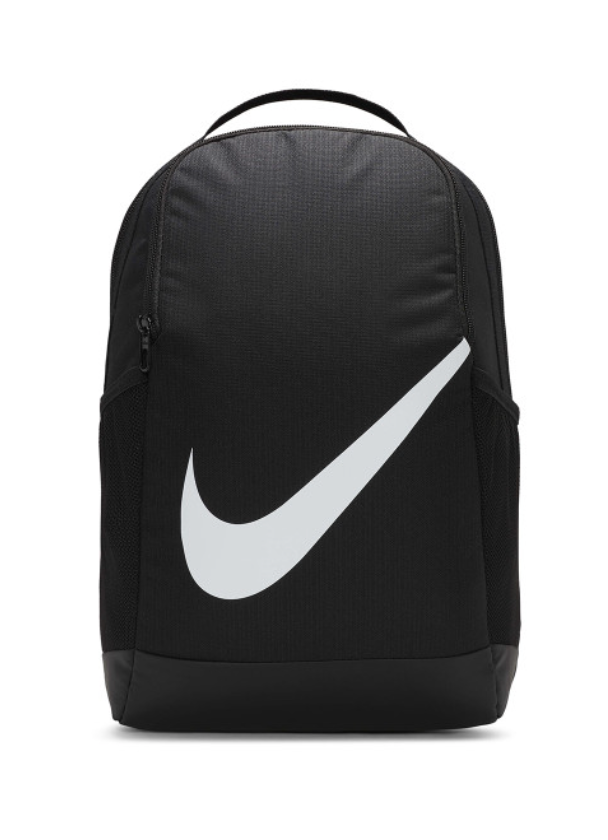 Nike Kids Brasilia Backpack black front view with large white Swoosh