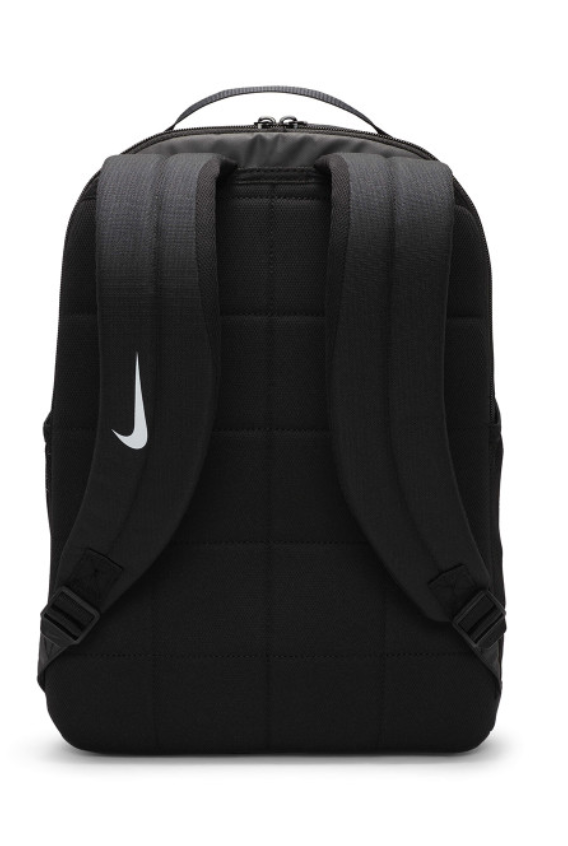 Nike Kids Brasilia Backpack black back view with padded straps and small Swoosh