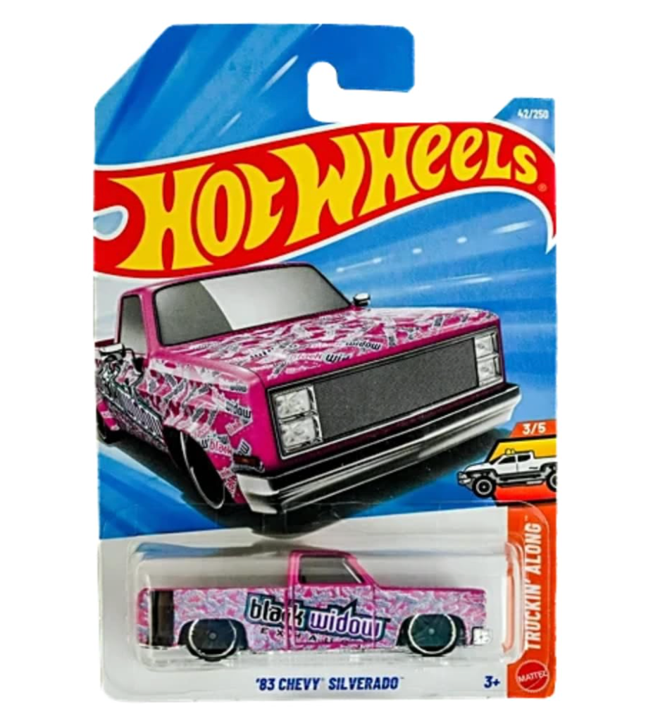 Hot Wheels '83 Chevy Silverado Black Widow Truckin' Along in original packaging