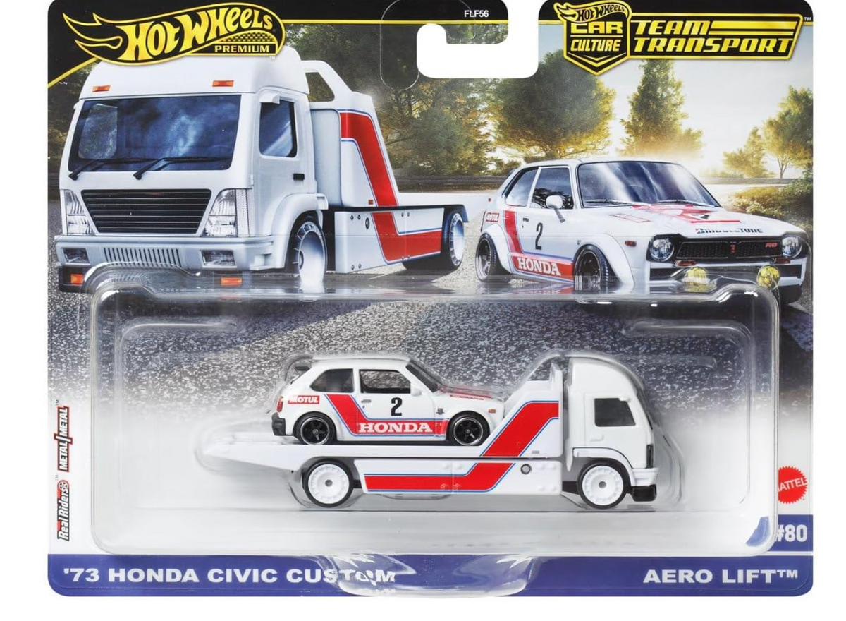 Hot Wheels Premium Car Culture Team Transport '73 Honda Civic Custom & Aero Lift in original packaging