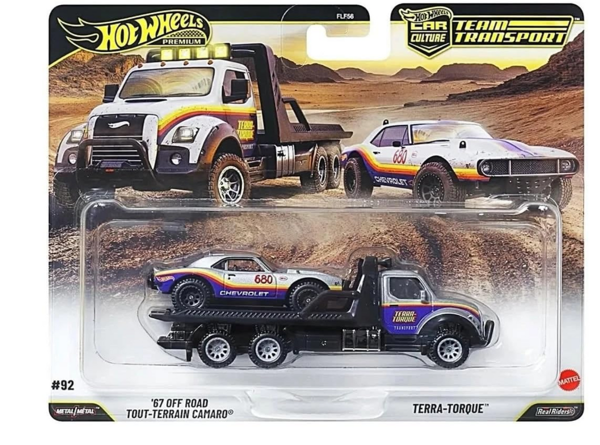 Hot Wheels Premium Car Culture Team Transport '67 Off Road Camaro & Terra-Torque in original packaging