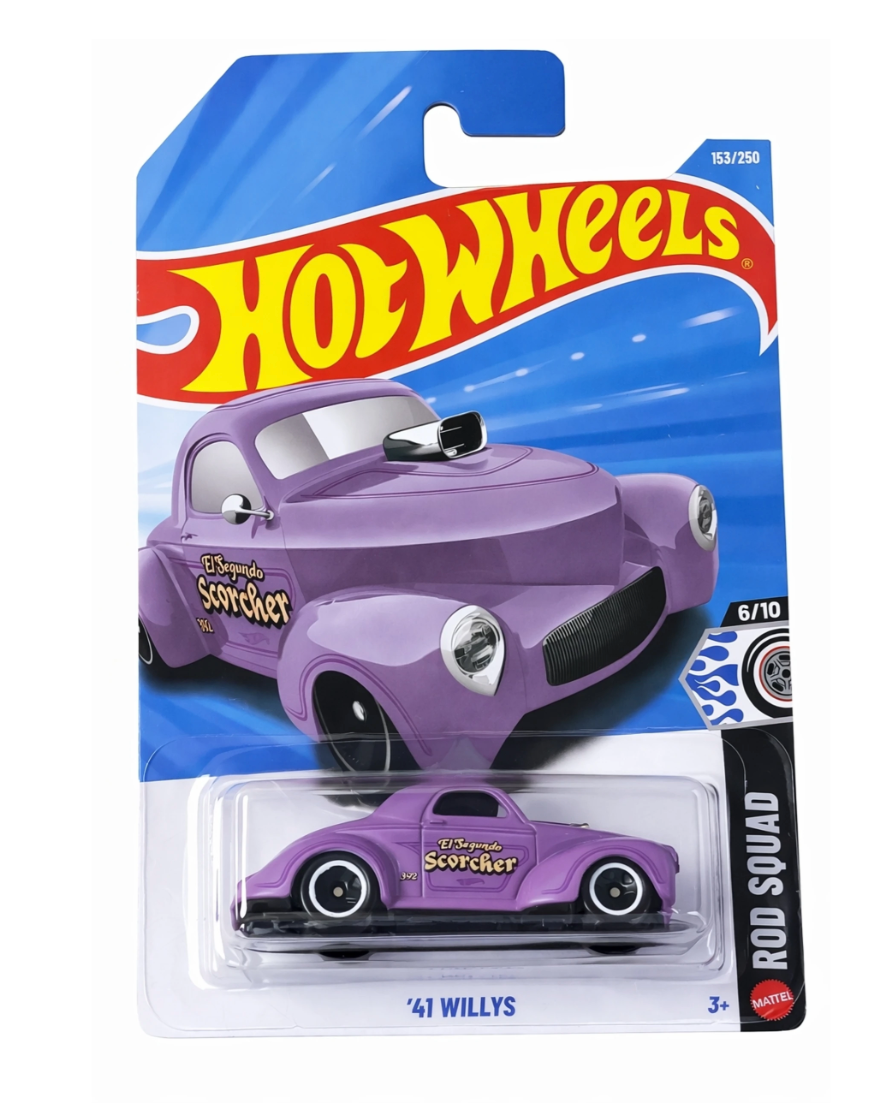 Hot Wheels '41 Willys Rod Squad 6/10 Purple on card packaging