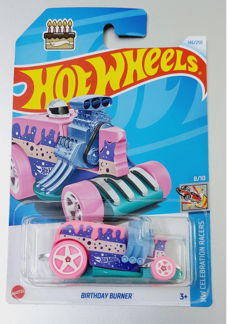 Hot Wheels Birthday Burner HW Celebration Racers 8/10 Pink on card packaging