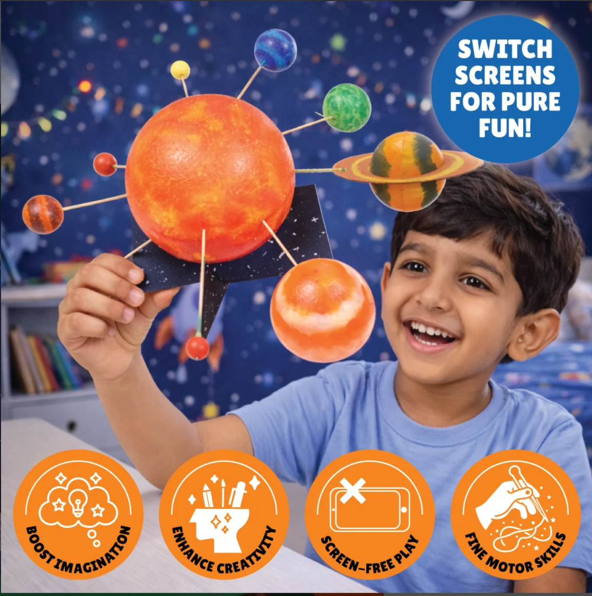 Solar System Model Kit box with art supplies on green background