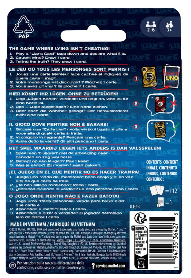 Liar's UNO box back - rules and contents