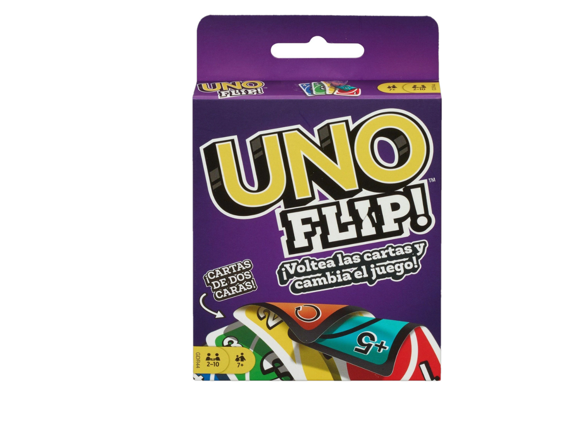UNO Flip! card game box - front view by Mattel, double-sided cards