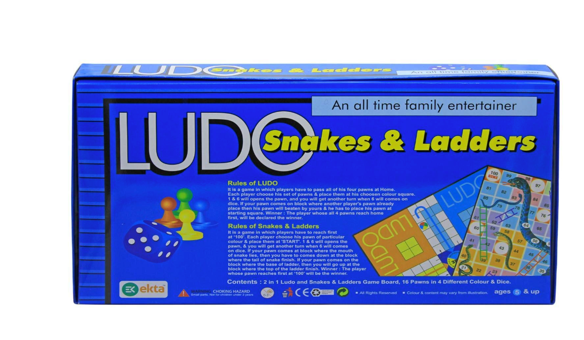 Ekta Ludo Snakes & Ladders - box back with rules and contents