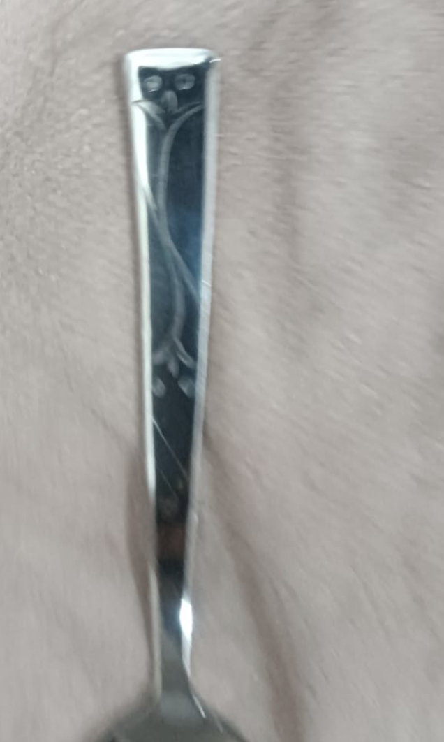 Floral engraved stainless steel spoon handle close-up