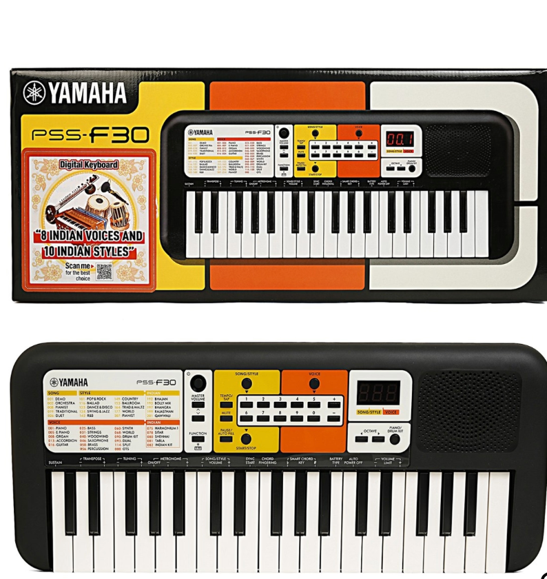 Black Yamaha PSS-F30 digital keyboard shown with its retail packaging