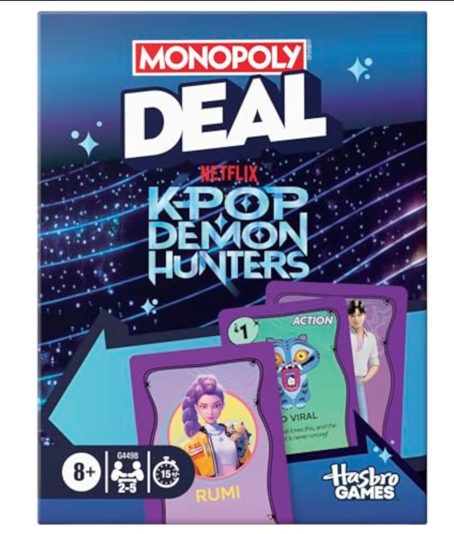Monopoly Deal KPop Demon Hunters game box showing Rumi, ages 8+, for 2–5 players