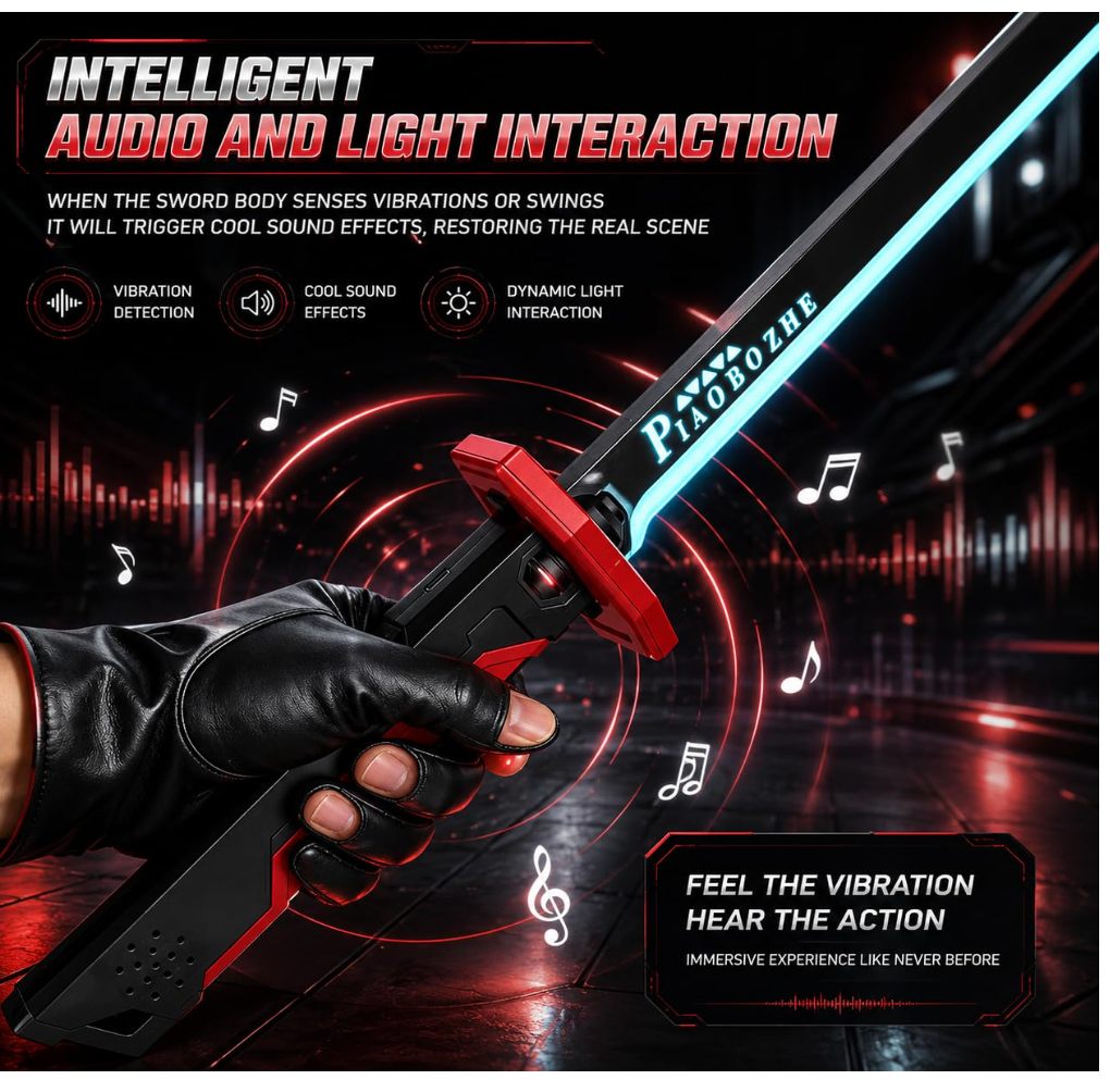 Black and red light-up sword with scabbard and accessories