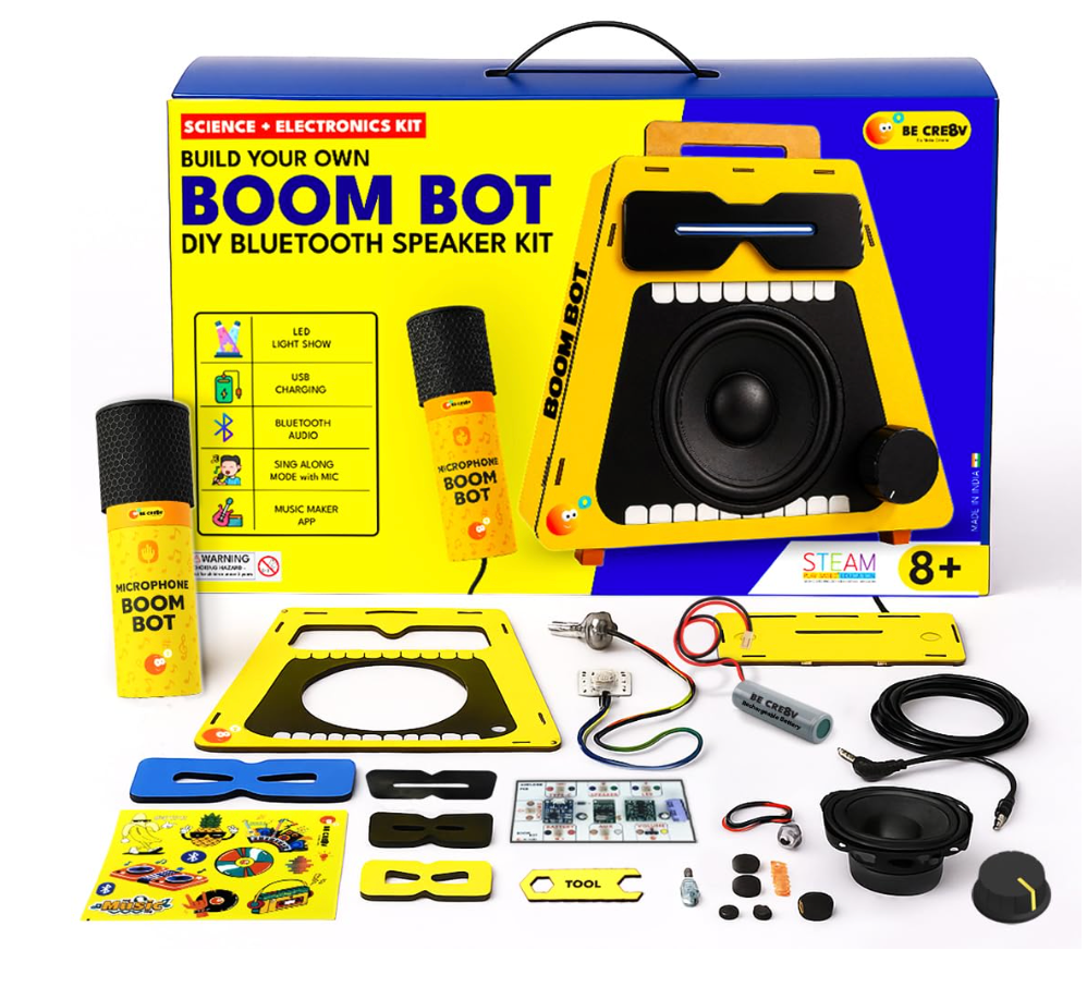 Boom Bot assembly, lighting and battery feature collage