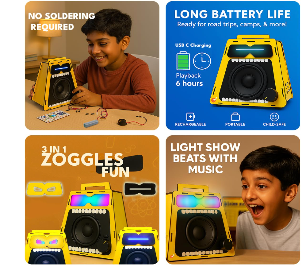 Boom Bot carry-along and family music lifestyle collage